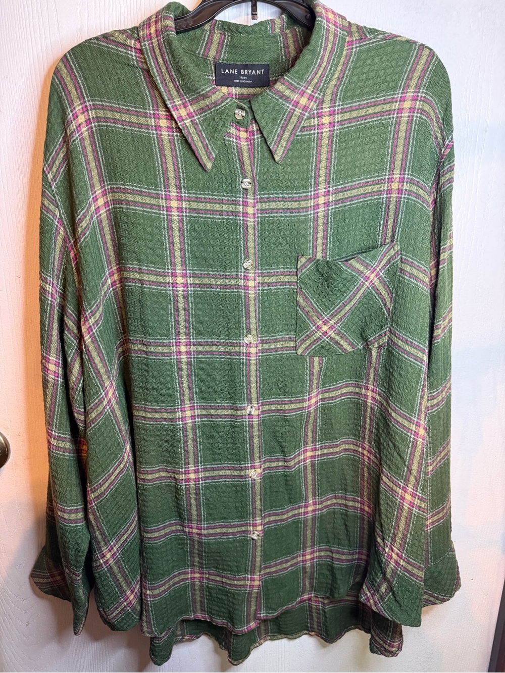Lane Bryant Green Plaid Button-Down Shirt with Pink Accents